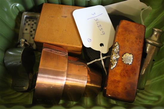 Burr walnut snuff box, miniature dominoes, pocket hygrometer, compass (cased),Royal Yacht jelly mould & 3 whistles (Q)